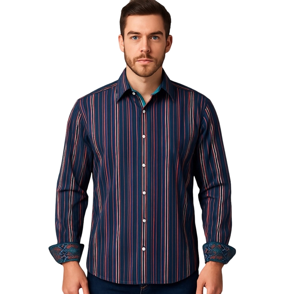 VISCONTI Shirt Mens Large Multicolor Stripe Cotton Contrast Cuffs Modern Western